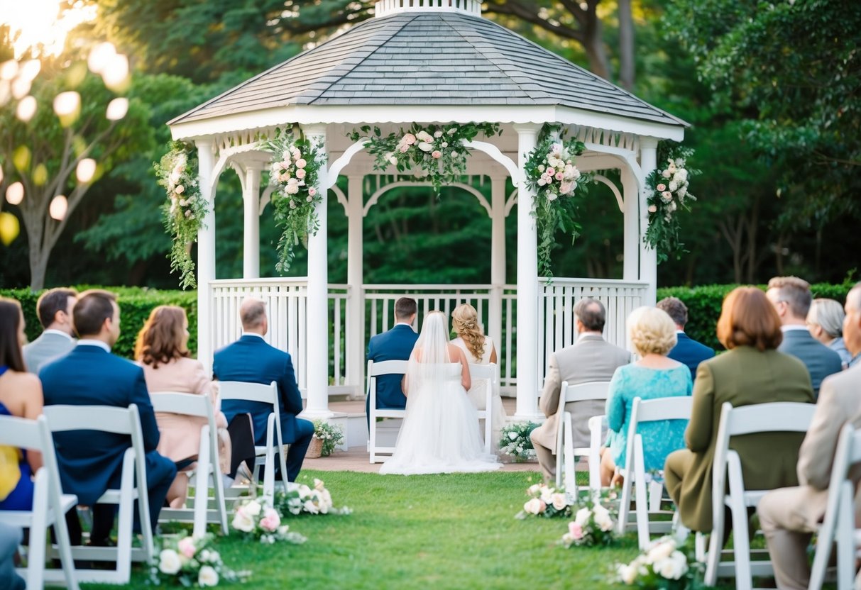 A serene outdoor setting with a beautiful gazebo adorned with flowers and surrounded by lush greenery. A small gathering of loved ones seated in white chairs, facing the gazebo