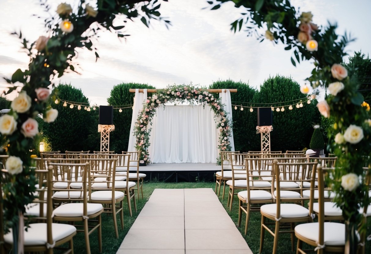 A floral arch frames an outdoor setting with rows of chairs facing a small stage. A celebratory atmosphere is evident through decorative details and festive lighting