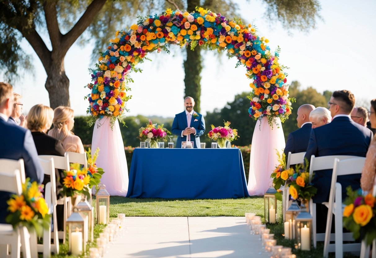 A festive outdoor setting with colorful decorations, flowers, and a beautifully decorated archway for a vow renewal ceremony