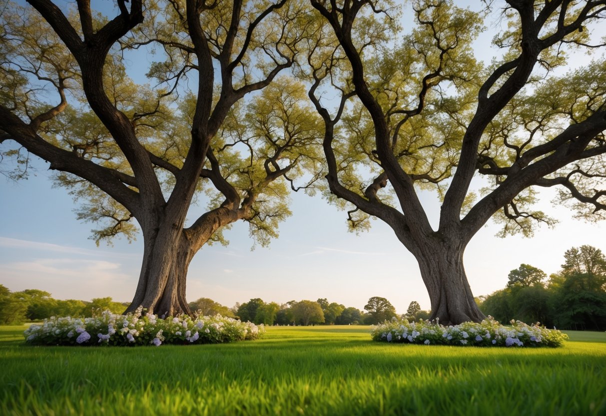 A serene outdoor setting with two intertwined oak trees, surrounded by blooming flowers and a gentle breeze