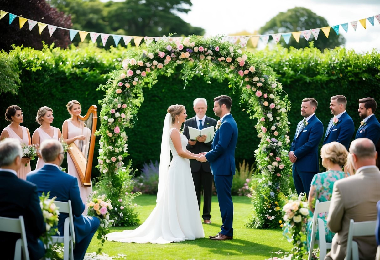 A couple stands beneath a floral arch in a lush garden, exchanging vows as guests look on. A harpist plays softly in the background, and colorful bunting decorates the scene