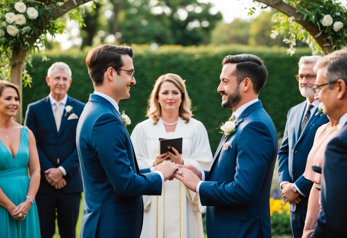 A couple stands before an officiant in a garden, exchanging vows and rings. Family and friends watch as the couple reaffirms their love