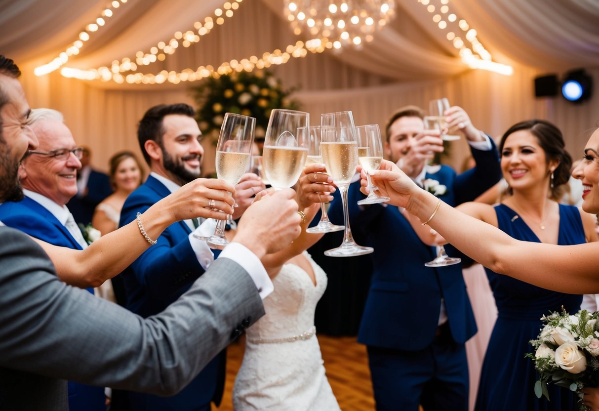 Guests raise glasses, clinking in celebration. Music fills the air as the happy couple dances. The venue is adorned with flowers and twinkling lights
