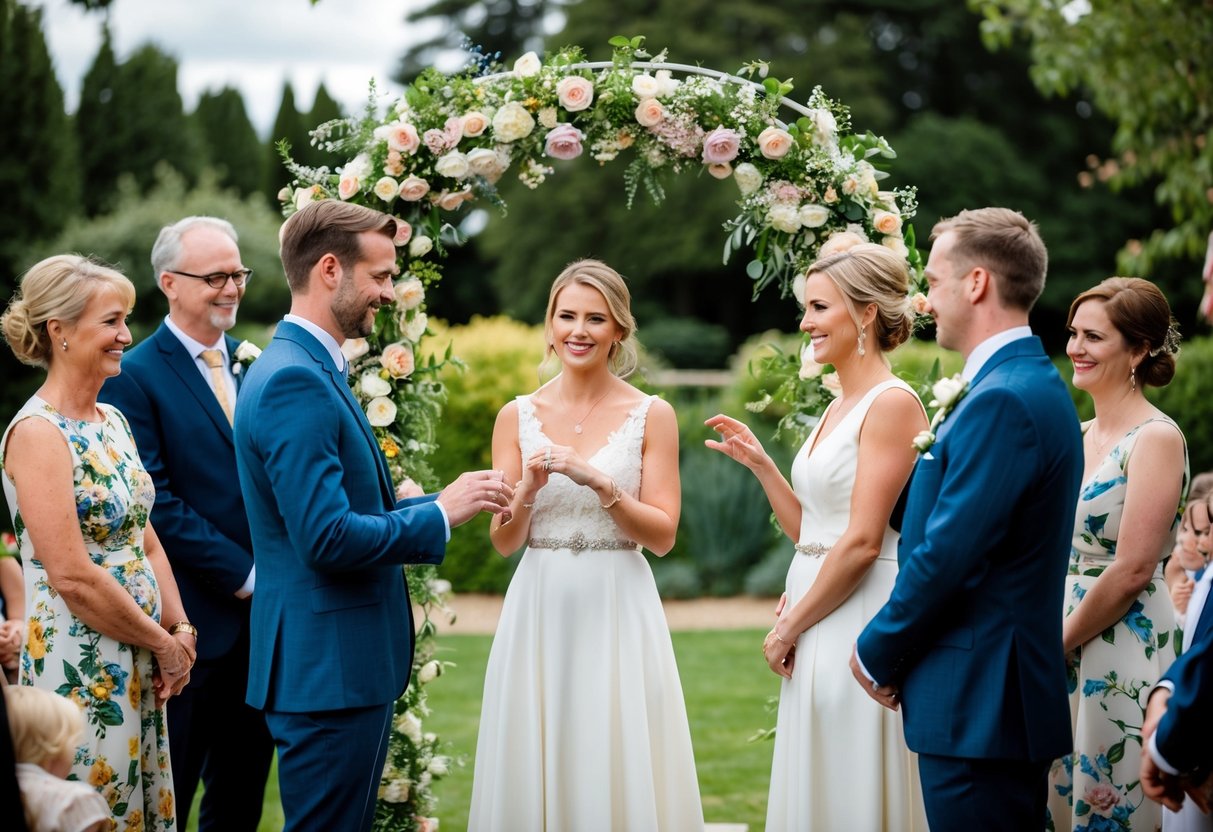 A couple stands in a garden, surrounded by friends and family. They exchange vows and rings, with a celebrant officiating. A floral arch frames the scene