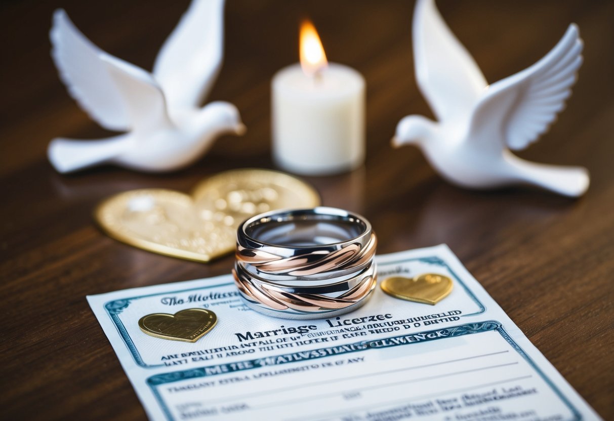 A pair of intertwined wedding bands rests atop a marriage license, surrounded by meaningful symbols such as doves, hearts, and a unity candle