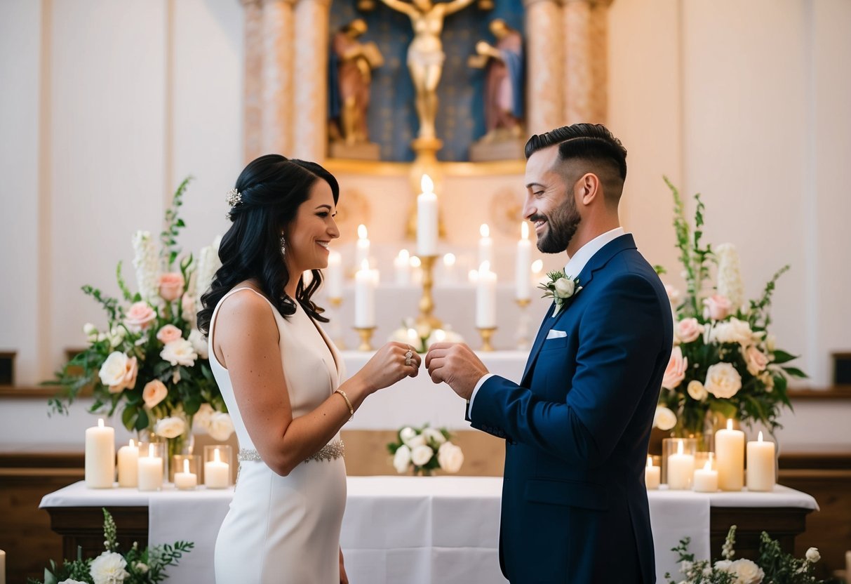 A couple standing in front of an altar, surrounded by flowers and candles, exchanging rings as they renew their vows