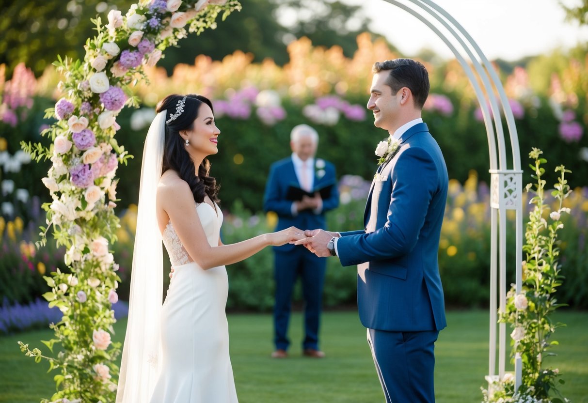 A couple standing in a garden, surrounded by blooming flowers and a decorative arch, holding hands and exchanging vows