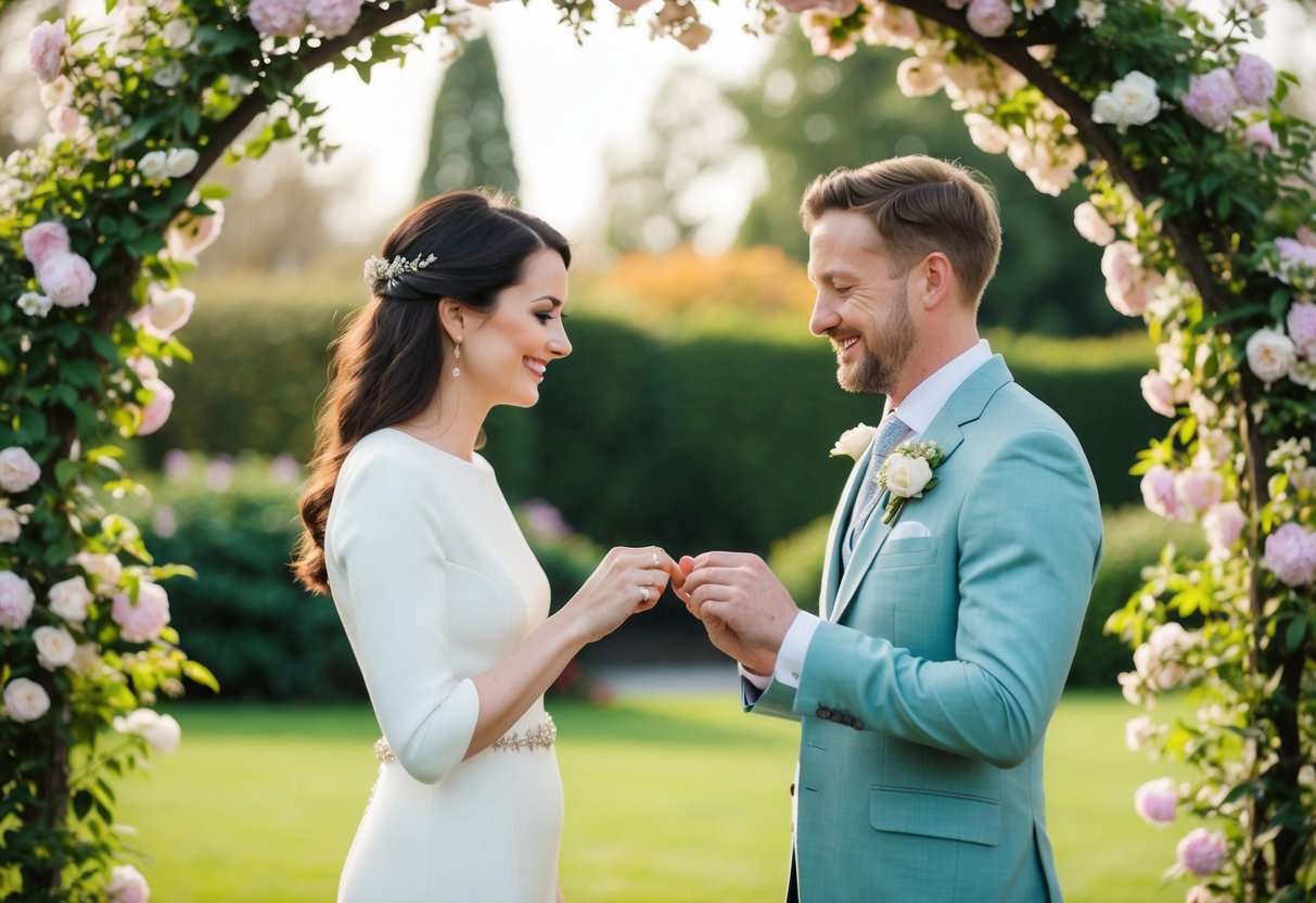A couple standing together in a serene garden, exchanging rings as they renew their vows under a blooming archway