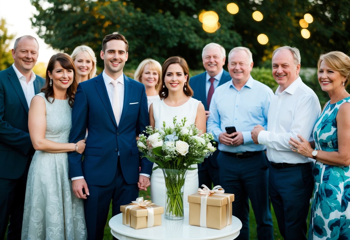 A couple standing together in front of a small table with a vase of flowers, surrounded by their friends and family. Gifts are placed on the table, wrapped in elegant paper