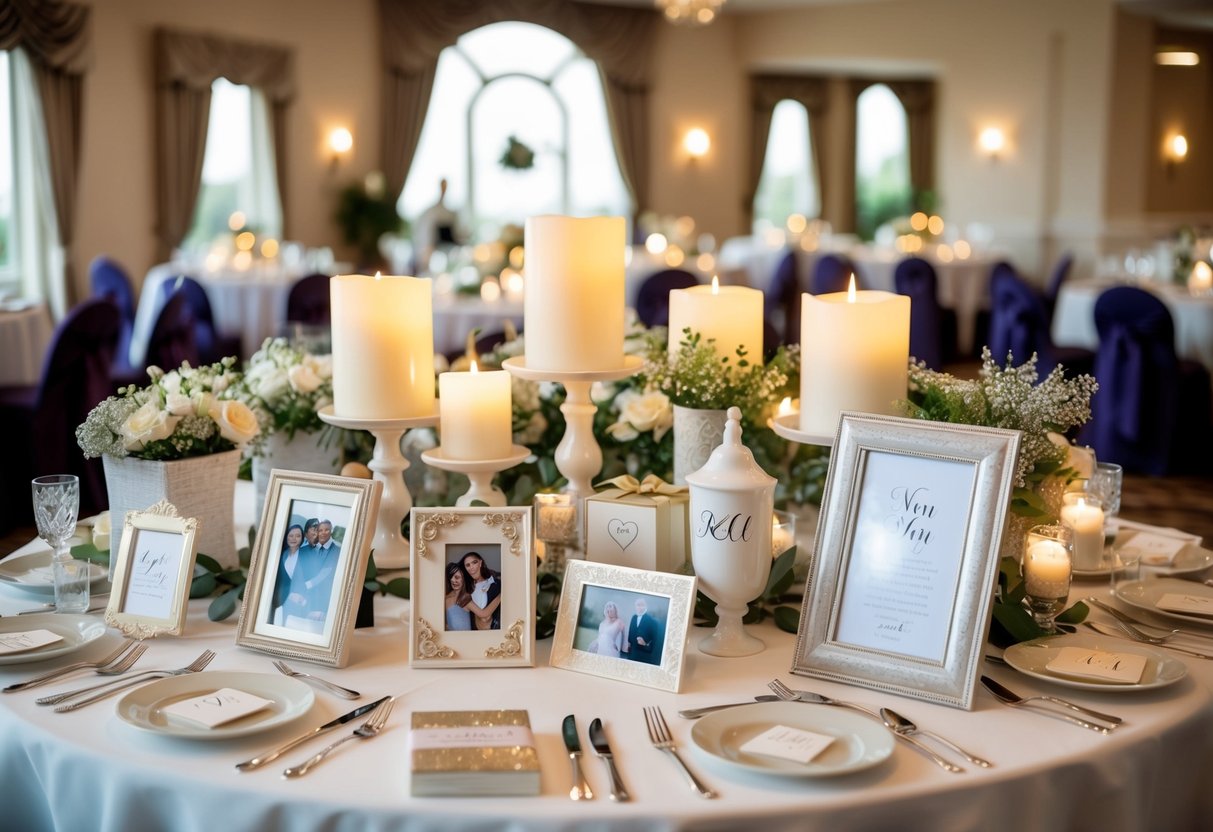 A beautifully decorated table with a variety of elegant gifts, such as candles, photo frames, and personalized keepsakes, displayed at a vow renewal ceremony