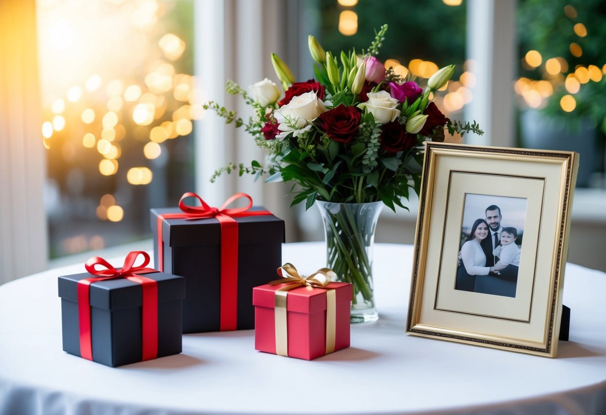 A table set with elegant gift boxes, a bouquet of flowers, and a framed photo album