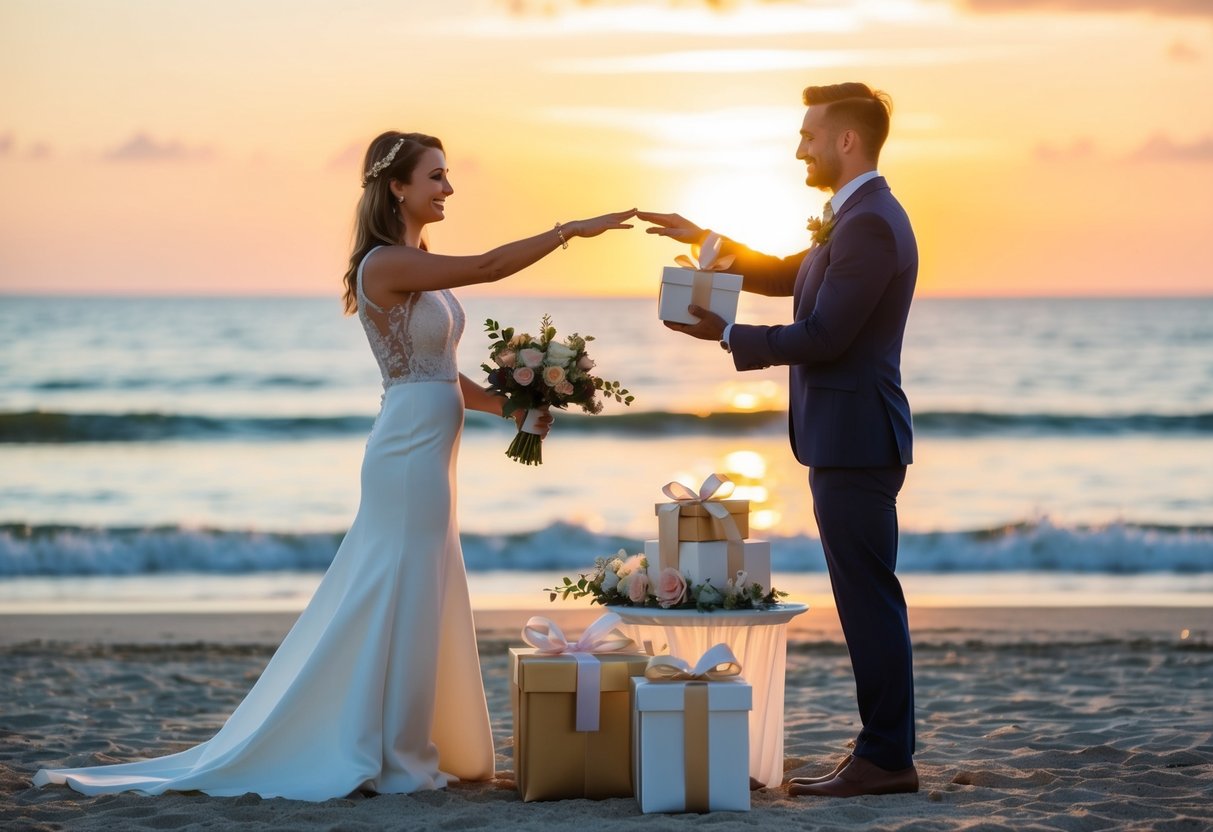 A couple stands on a beach at sunset, exchanging vows. A table nearby holds gifts wrapped in elegant paper, surrounded by flowers