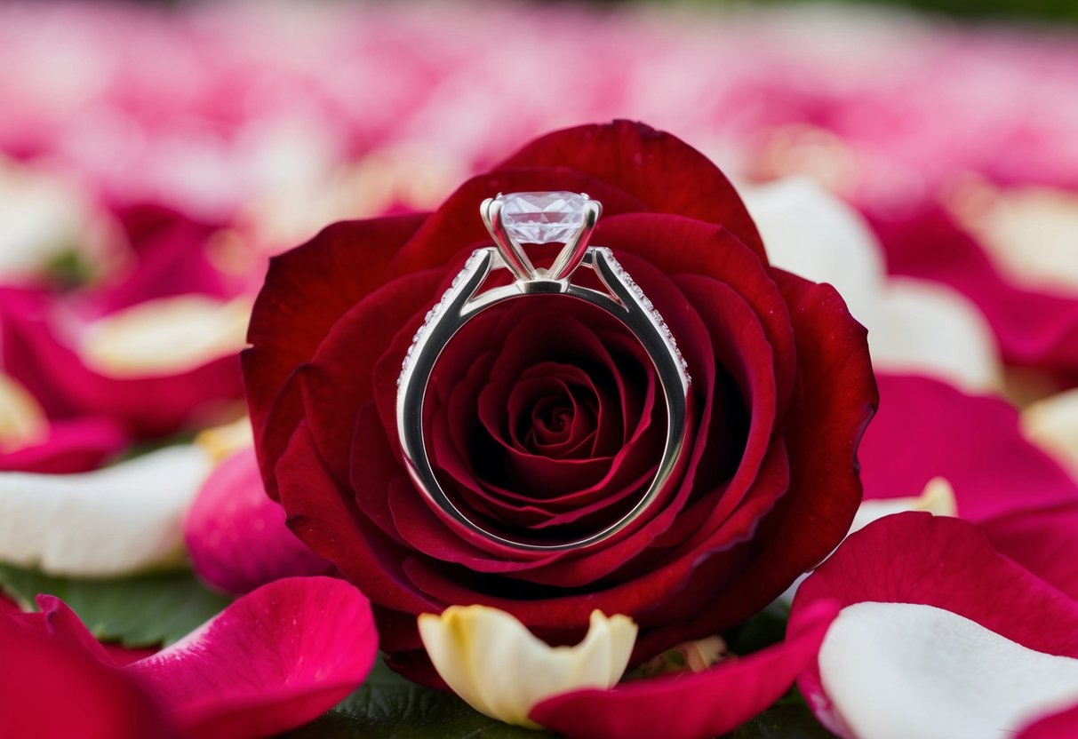 A wedding ring resting on a bed of rose petals