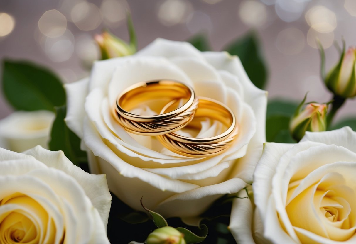 A pair of entwined golden rings resting on a bed of delicate white roses