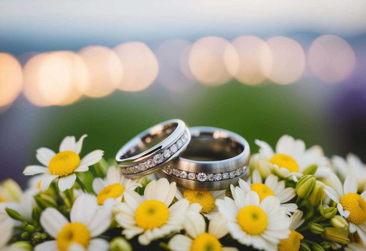A couple's intertwined wedding rings resting on a bed of fresh flowers