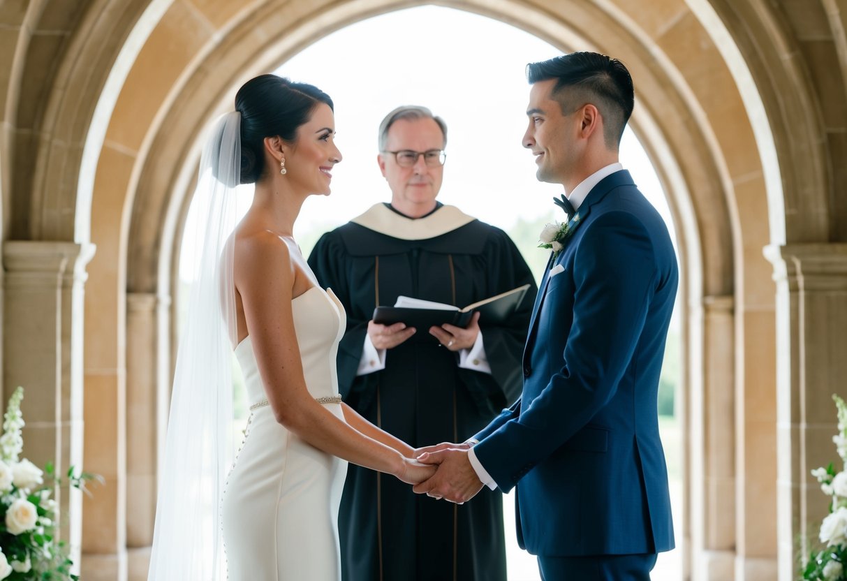 A couple stands facing each other, framed by a beautiful archway, with a minister or officiant standing between them. The couple is holding hands and looking into each other's eyes