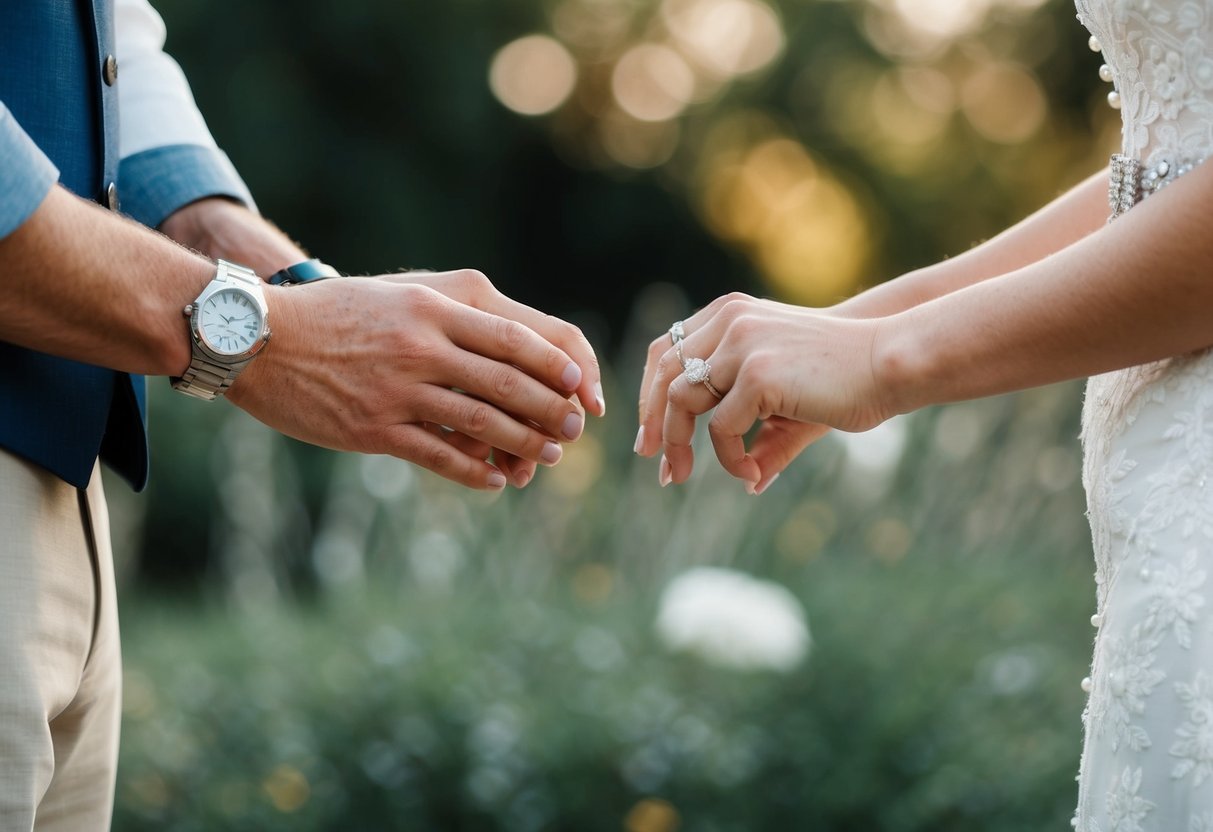 A couple stands facing each other, holding their personalized rings, ready to exchange vows