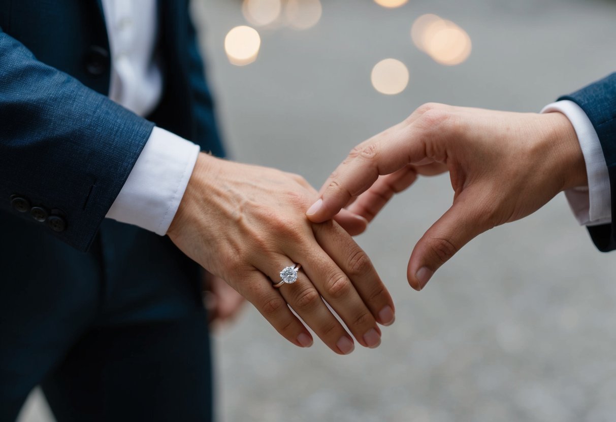 Two hands meet, one holding a ring. The other hand reaches out to accept the ring