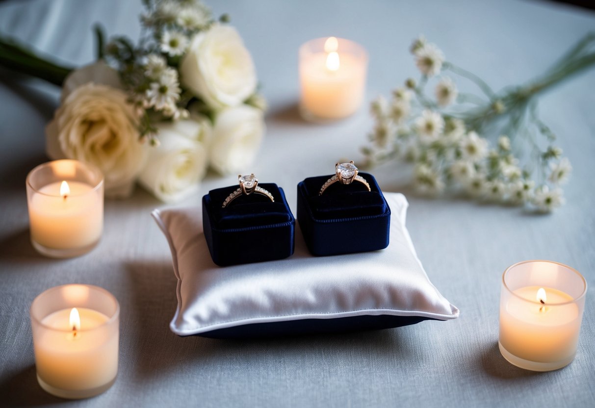 Two ring boxes on a white satin pillow, surrounded by soft candlelight and delicate flowers, await the exchange ceremony