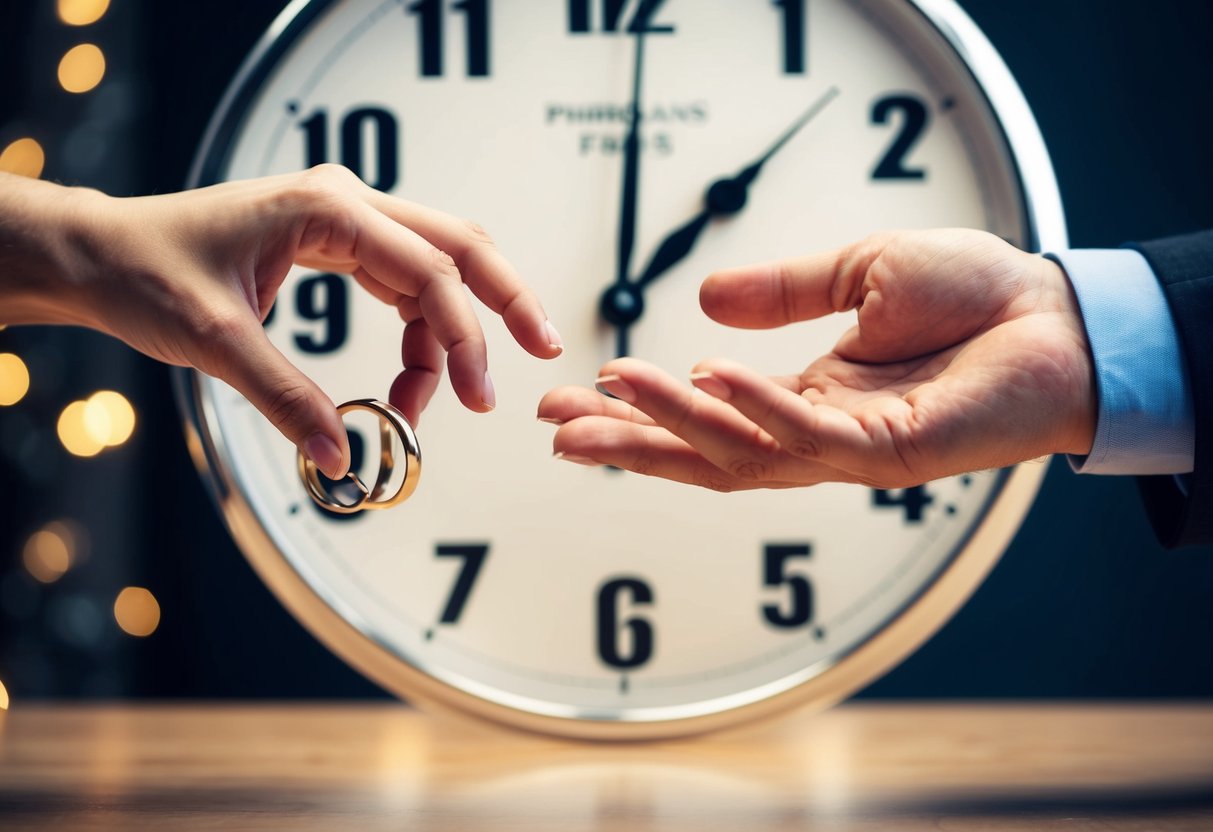 Two hands holding out rings, one hand reaching for the other. A clock in the background shows the passage of time