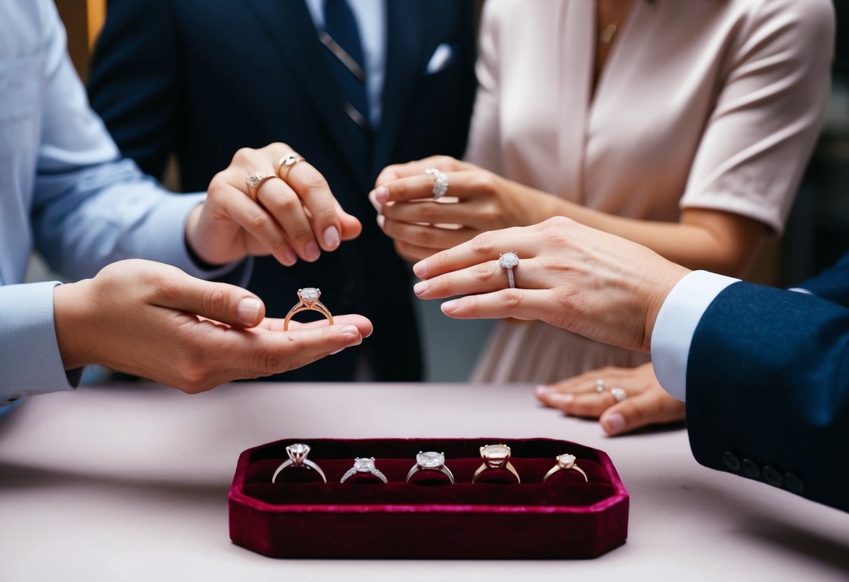A jeweler presenting a selection of rings on a velvet tray, with a couple discussing options and exchanging rings
