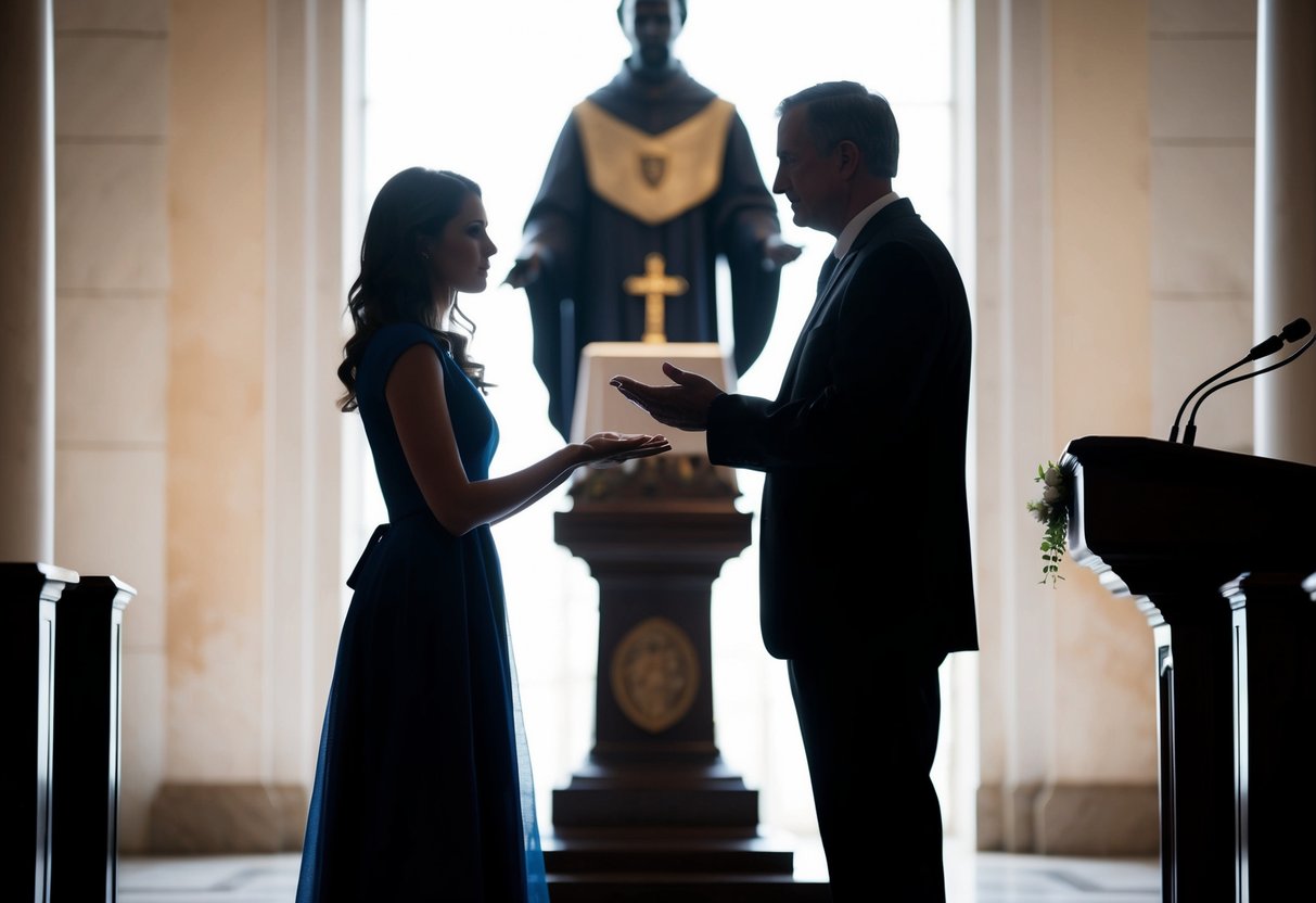 A woman's silhouette standing before an altar, facing a figure of authority with a solemn expression, as if making a promise