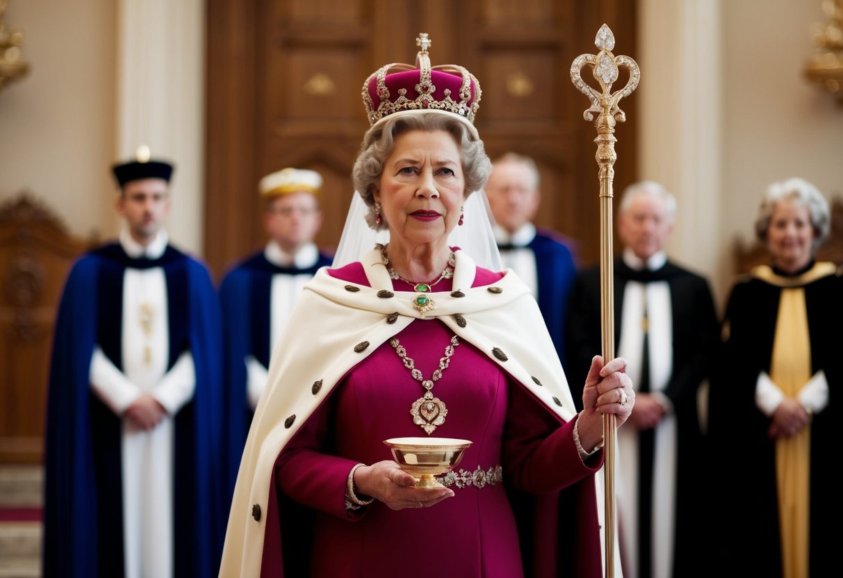 A queen standing before a royal court, holding a regal scepter, as she speaks her vows with authority and determination