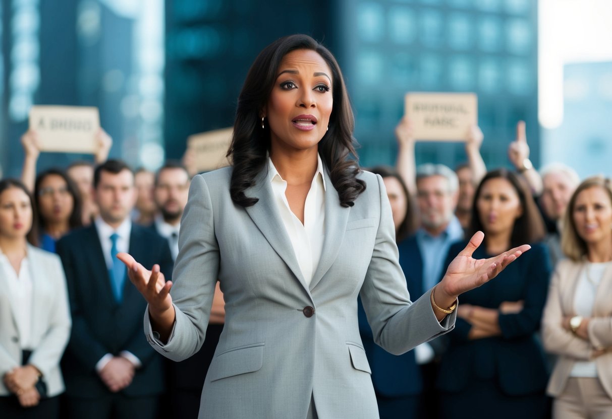 A woman stands before a crowd, speaking confidently with a determined expression. Her words are met with a mix of surprise and approval from the onlookers