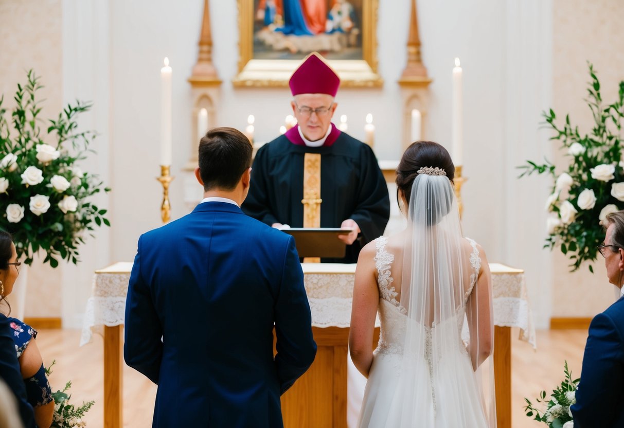 A bride standing at an altar, facing a groom, with a priest officiating the wedding ceremony