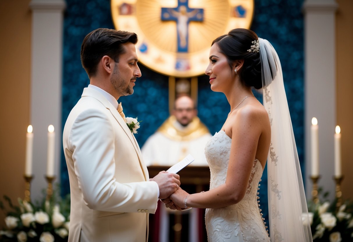 A bride standing before a religious symbol, with a solemn expression, speaking her vows to her partner