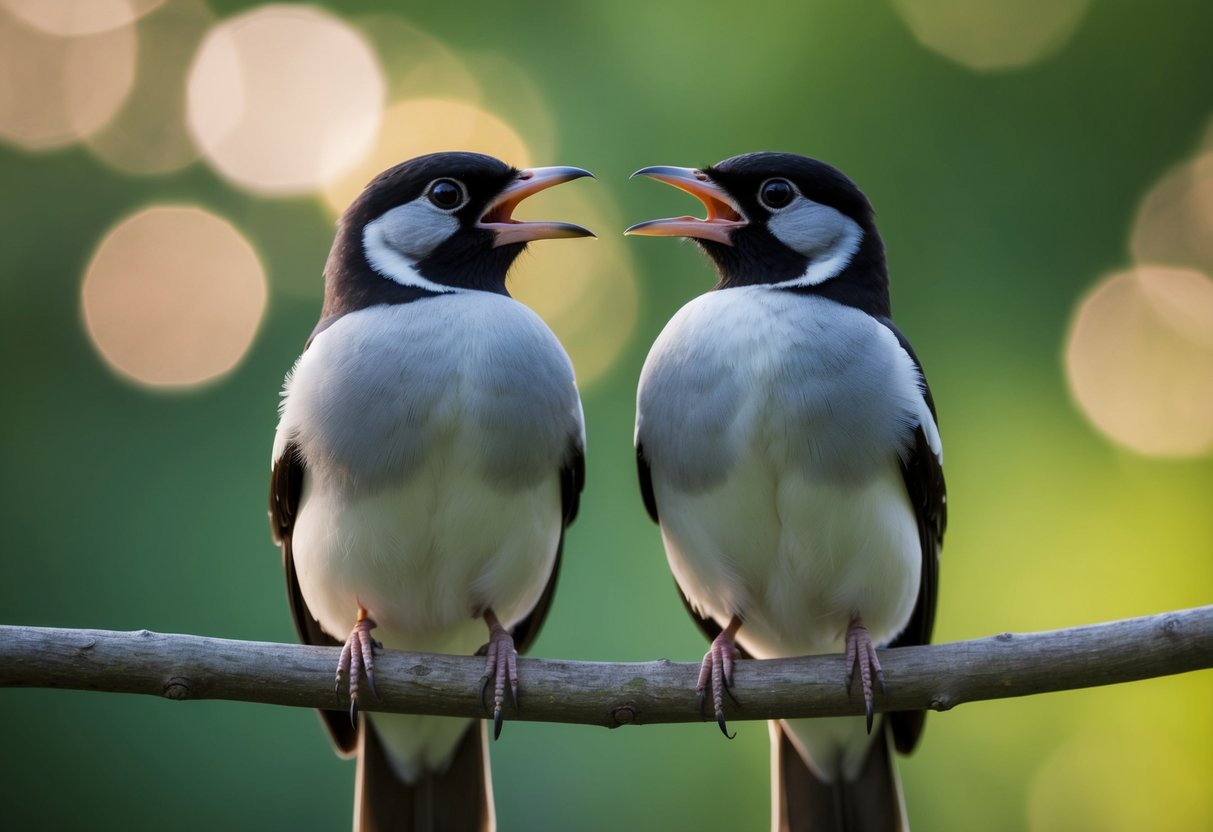 Two identical birds facing each other on a branch, beaks open in silent communication