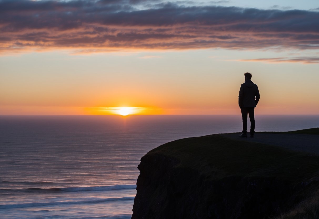 A lone figure stands atop a windswept cliff, gazing out at the vast expanse of the ocean below, as the sun sets in a fiery display on the horizon