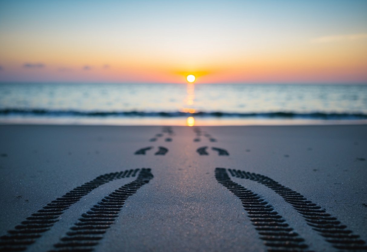 A sunset over a tranquil beach, with two sets of footprints leading towards the horizon