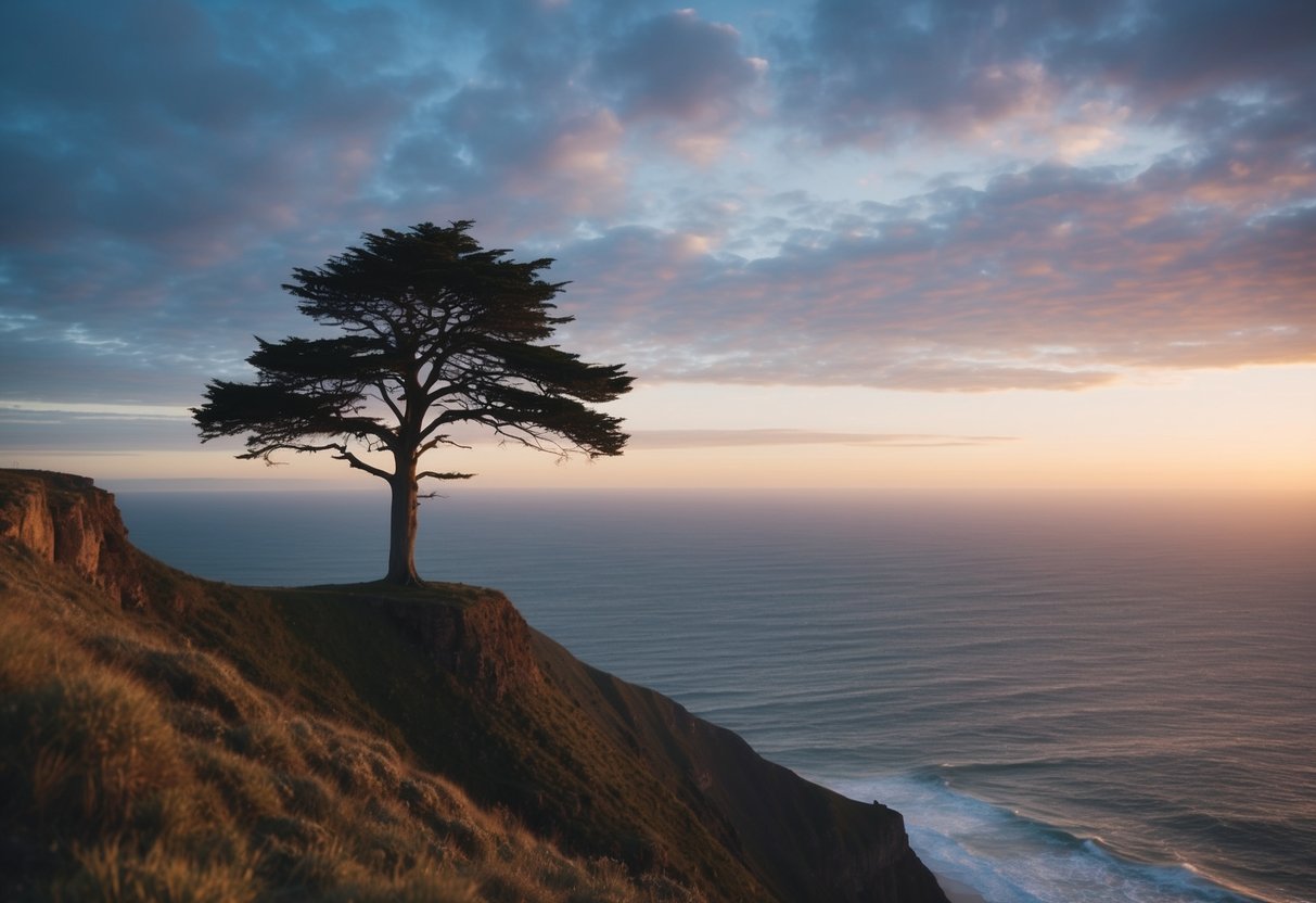 A lone tree standing tall on a windswept cliff, overlooking a vast ocean at sunset