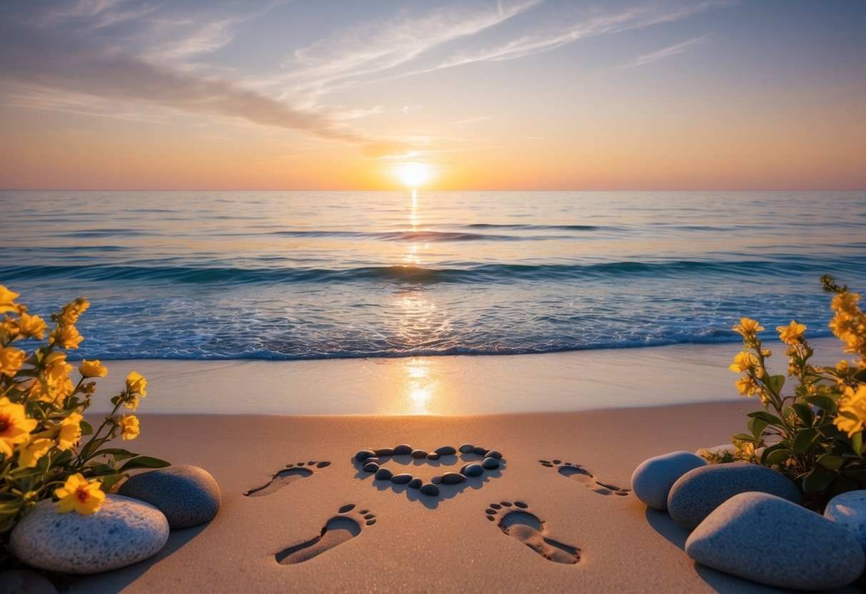 A sunset-lit beach with two sets of footprints leading towards the ocean, surrounded by blooming flowers and a heart-shaped arrangement of rocks