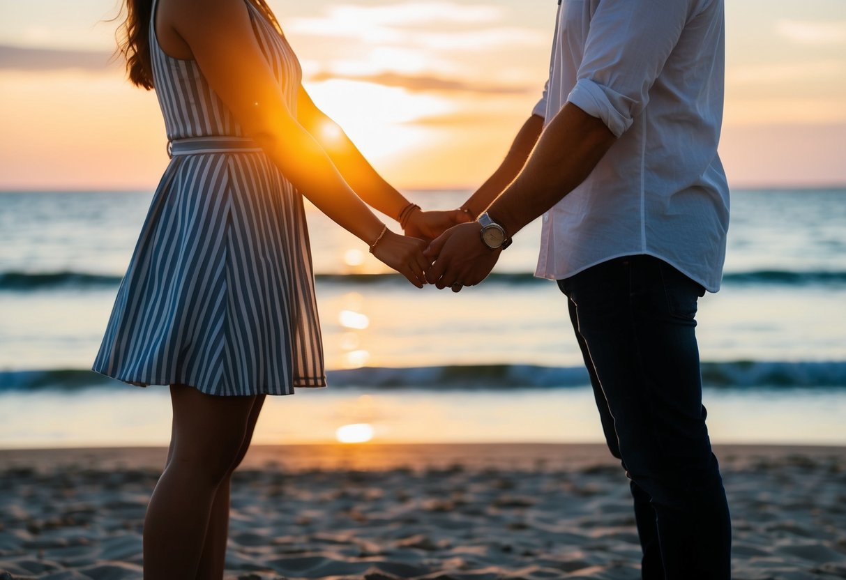 A couple stands on a beach at sunset, facing each other with the ocean in the background. They hold hands and smile, expressing love and commitment