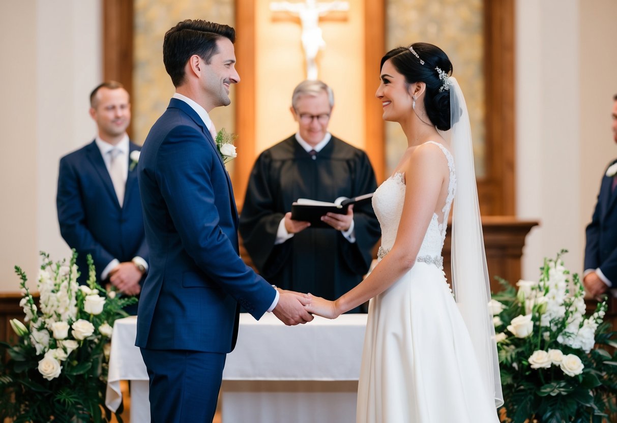 A couple standing at the altar, facing each other, with the officiant in the background, as they exchange vows