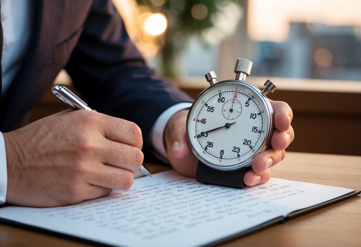 A person measuring time with a stopwatch while looking at a written vow