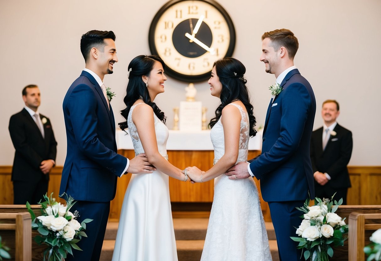 A couple standing at an altar, facing each other, with a clock in the background showing 2.5 minutes