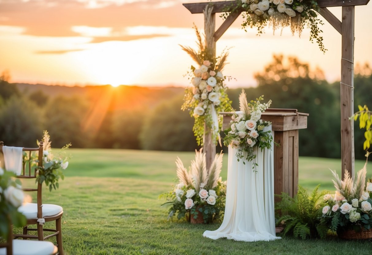 A serene outdoor wedding setting at sunset, with soft golden light illuminating a rustic wooden altar adorned with delicate flowers and greenery