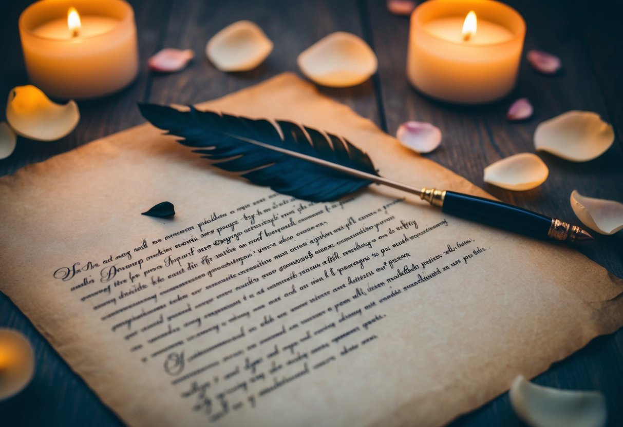 A couple's wedding vows written on parchment with a quill and ink, surrounded by scattered rose petals and flickering candlelight