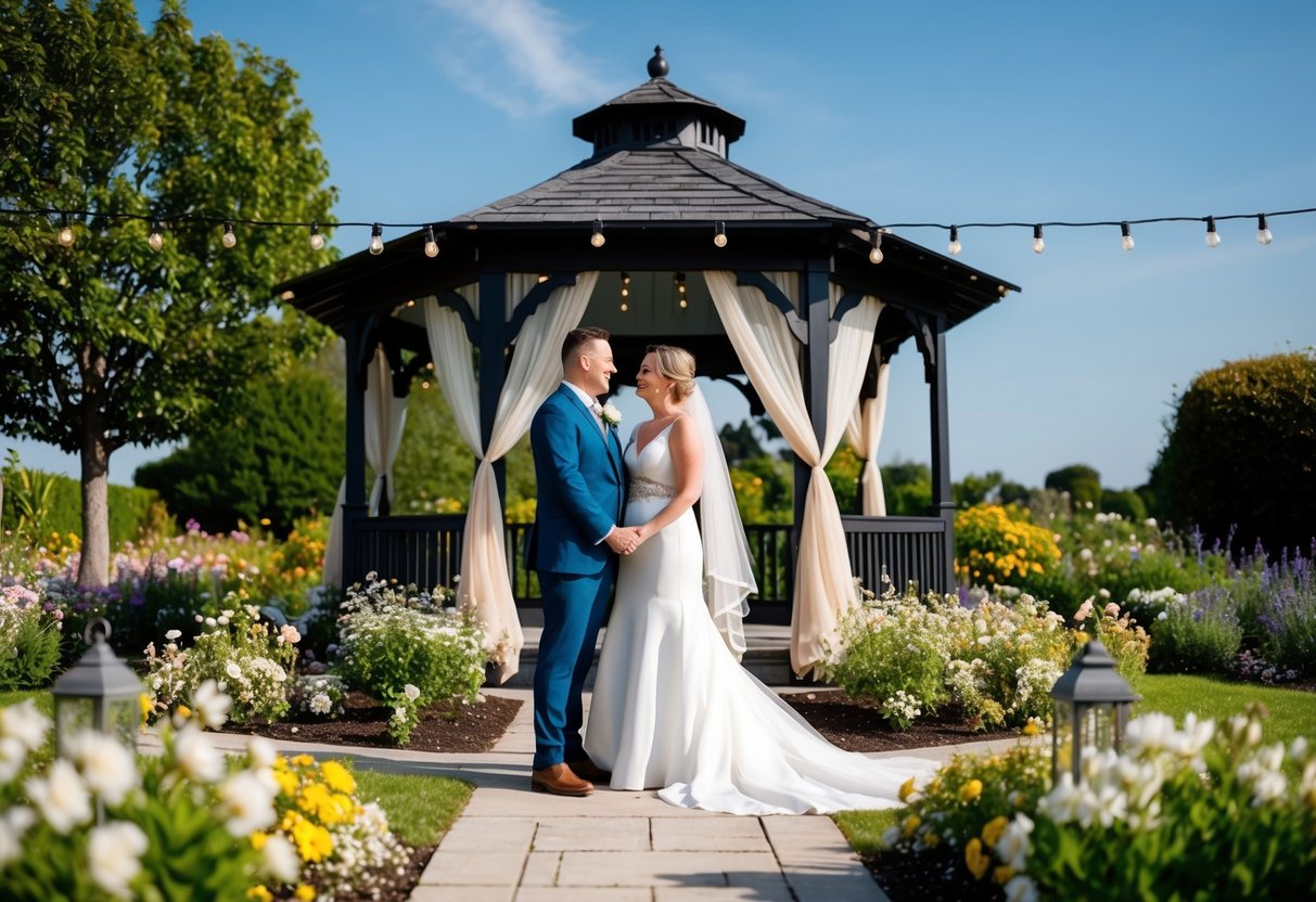 A couple stands in a garden, surrounded by blooming flowers and a clear blue sky. A small gazebo decorated with delicate fabric and twinkling lights serves as the backdrop for their vow renewal ceremony