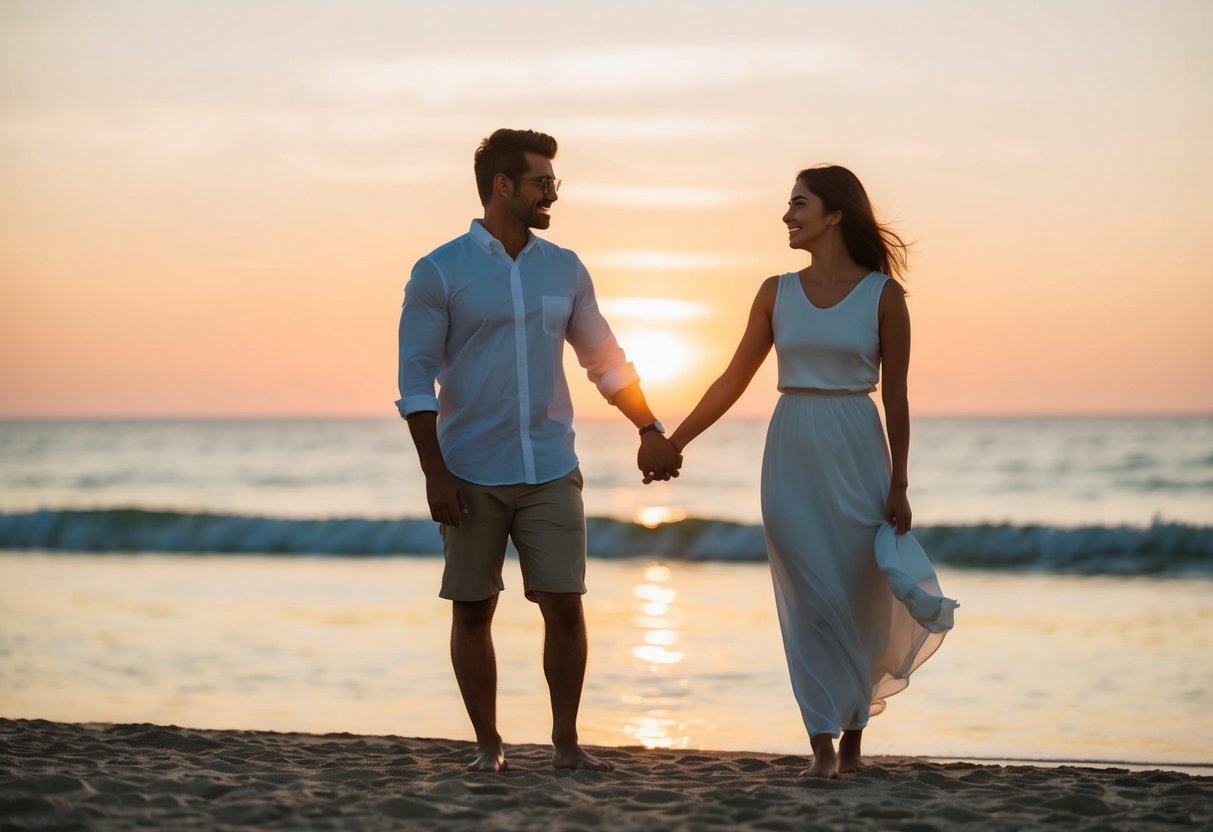 A couple standing on a beach at sunset, holding hands and looking at each other with a sense of love and commitment