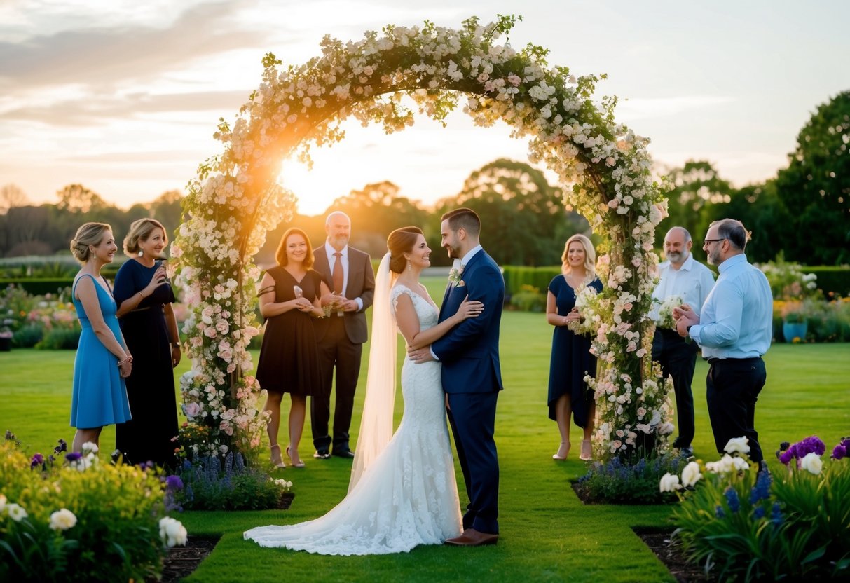 A couple stands under a blooming archway in a garden, surrounded by friends and family. The sun is setting, casting a warm glow over the scene