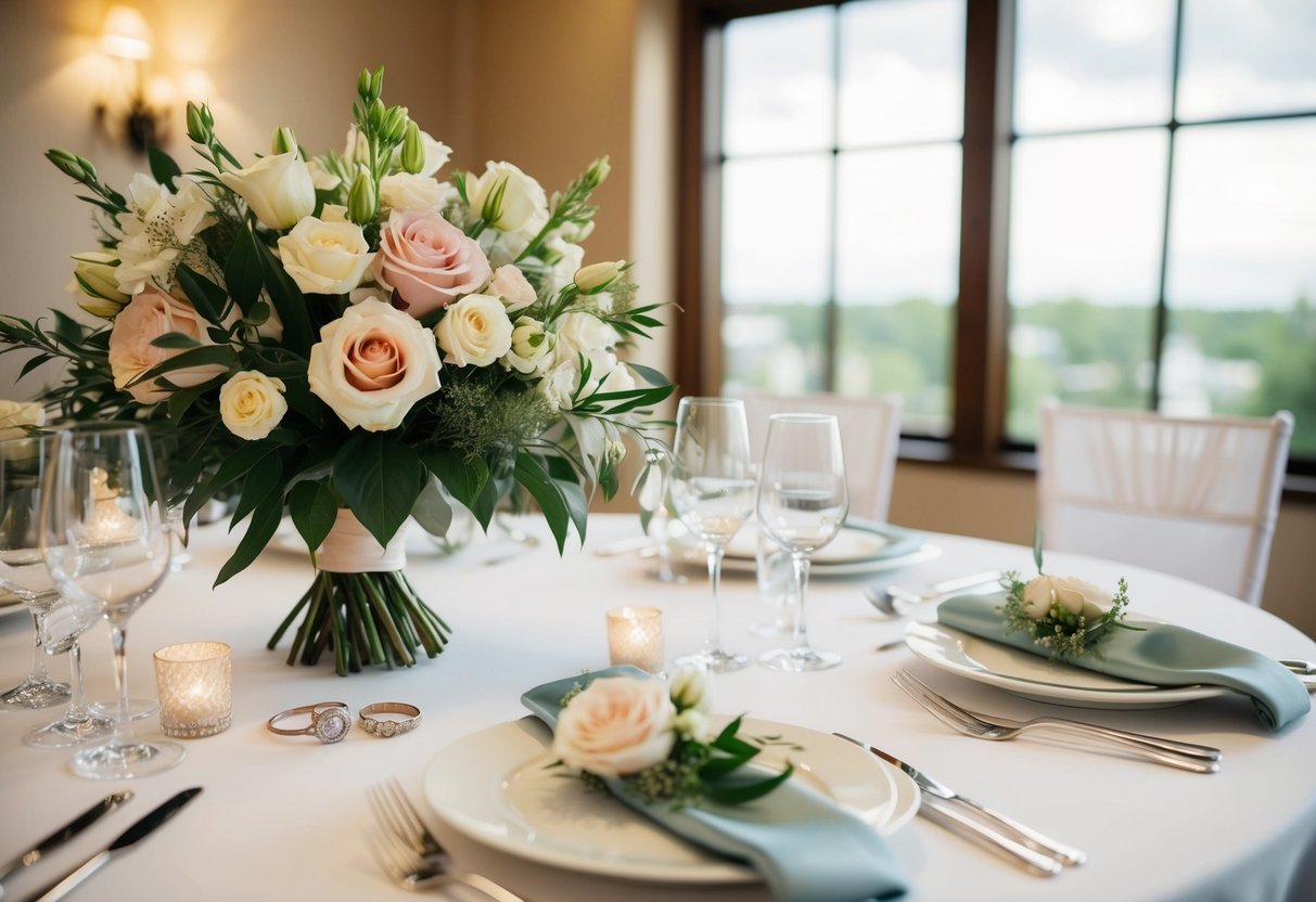 A beautifully decorated table with a bouquet of fresh flowers, a pair of wedding rings, and elegant vow renewal attire laid out neatly