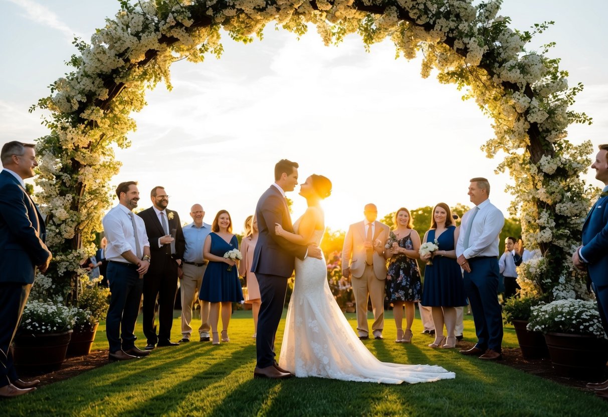 A couple stands beneath a blooming archway, surrounded by friends and family. The sun sets behind them, casting a warm glow over the scene
