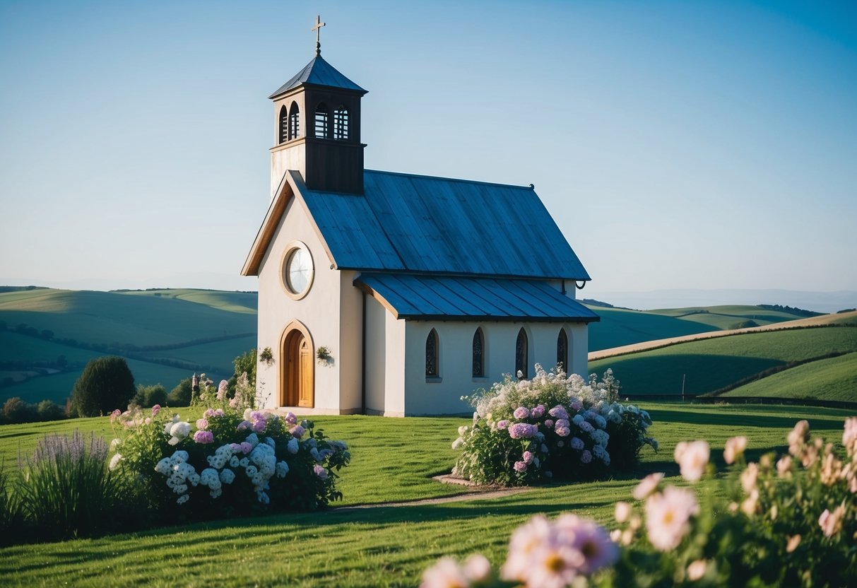 A picturesque countryside chapel with blooming flowers and a rustic wooden altar set against a backdrop of rolling hills and a clear blue sky