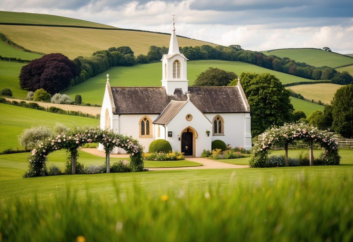A picturesque English countryside setting with a charming chapel and rolling hills, adorned with floral arches and a serene atmosphere