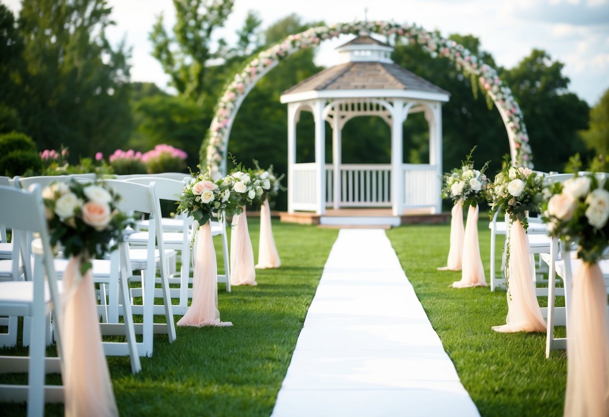 A picturesque outdoor setting with a flower-adorned arch and a white aisle leading to a gazebo. The scene is set for a romantic vow renewal ceremony