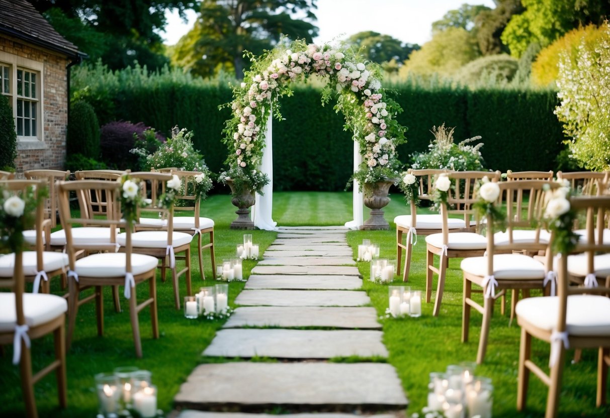 A serene English garden with a stone pathway leading to a floral archway, set up for a vow renewal ceremony